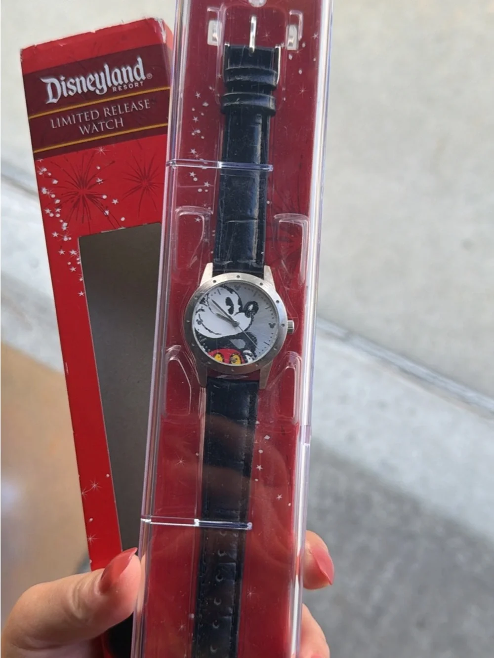 Disney Mickey Mouse Black Leather Strap Watch with Gold-Tone Case